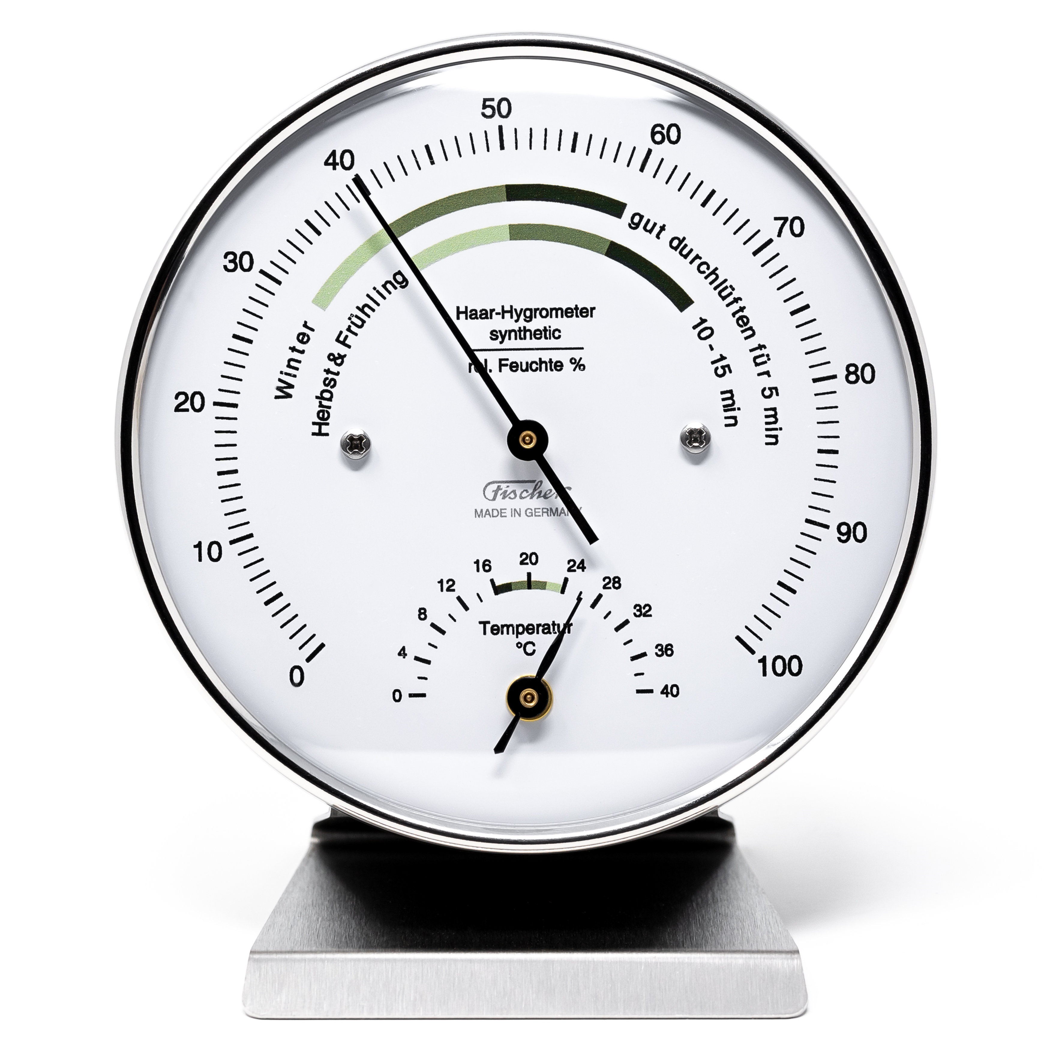 Fischer HYGROMETER / THERMOMETER Humidity and Temp - Dial w/White Face &  Stainless steel case